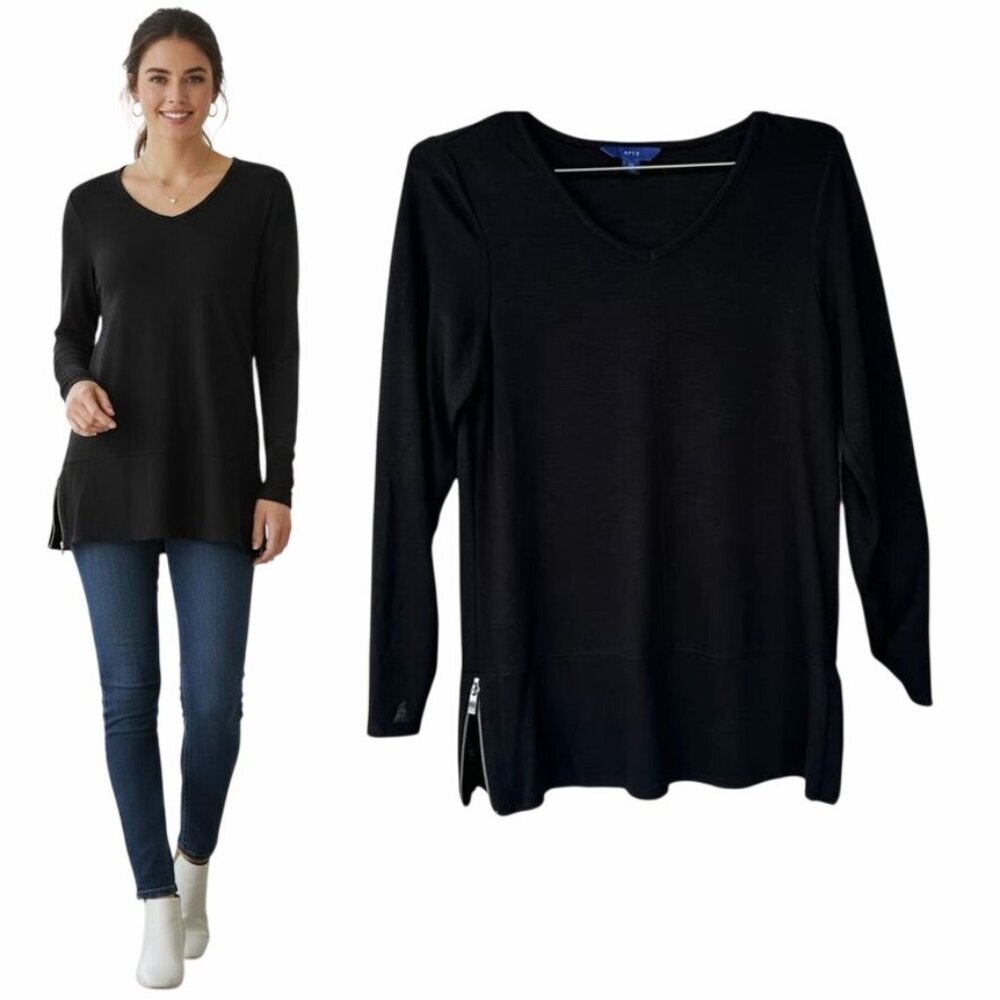 Women Knit Top APT 9 Sz XS Black Ruched Long Sleeve V-neck Shirt zip detail New
